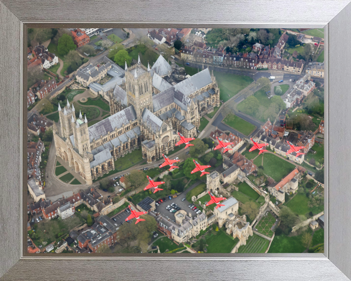 RAF Red Arrows over Lincoln Cathedral Photo Print - Royal Air Force Aircraft Hampshire Prints 10 x 8 Silver Frame No