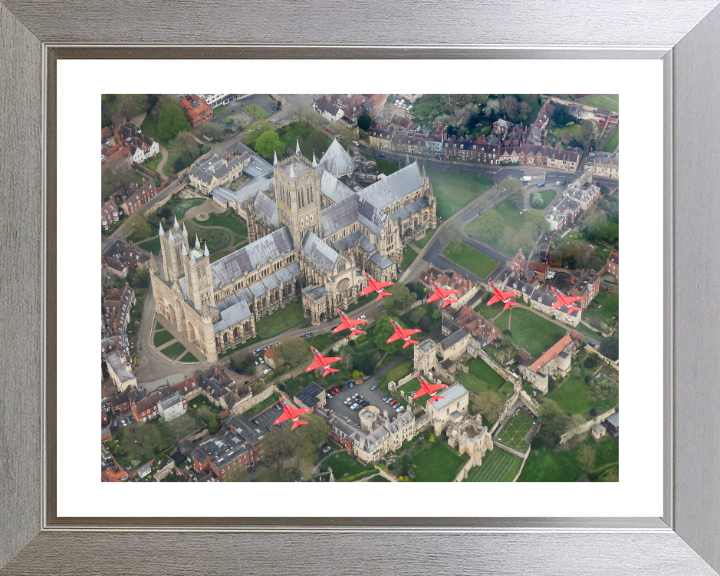 RAF Red Arrows over Lincoln Cathedral Photo Print - Royal Air Force Aircraft Hampshire Prints 10 x 8 Silver Frame Yes