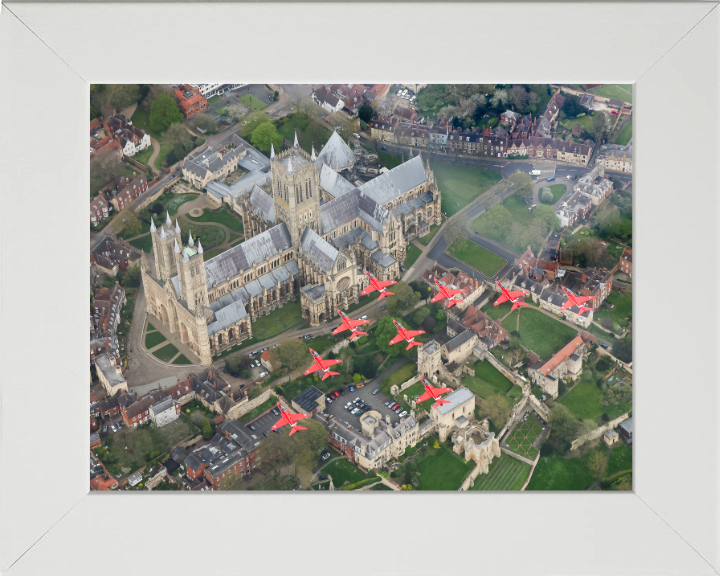 RAF Red Arrows over Lincoln Cathedral Photo Print - Royal Air Force Aircraft Hampshire Prints 10 x 8 White Frame No