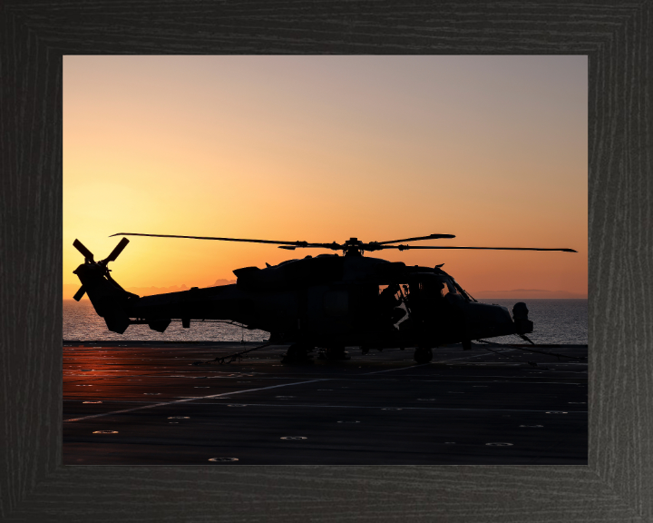 Wildcat Helicopter Silhouette at Sunset Photo Print - Royal Navy Aircraft Hampshire Prints 10 x 8 Black Frame No