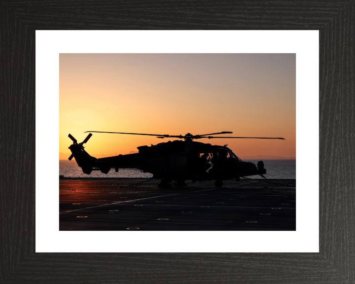 Wildcat Helicopter Silhouette at Sunset Photo Print - Royal Navy Aircraft Hampshire Prints 10 x 8 Black Frame Yes