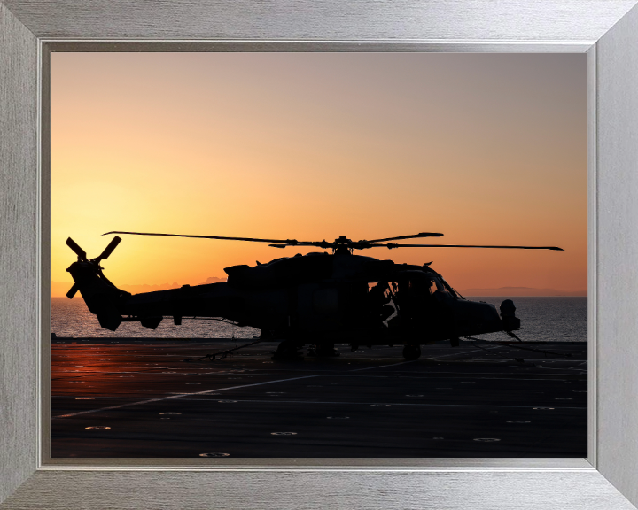 Wildcat Helicopter Silhouette at Sunset Photo Print - Royal Navy Aircraft Hampshire Prints 10 x 8 Silver Frame No