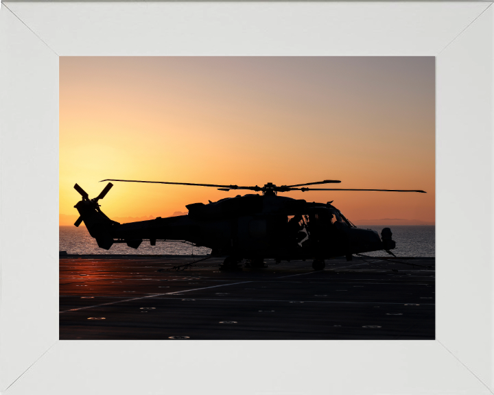 Wildcat Helicopter Silhouette at Sunset Photo Print - Royal Navy Aircraft Hampshire Prints 10 x 8 White Frame No
