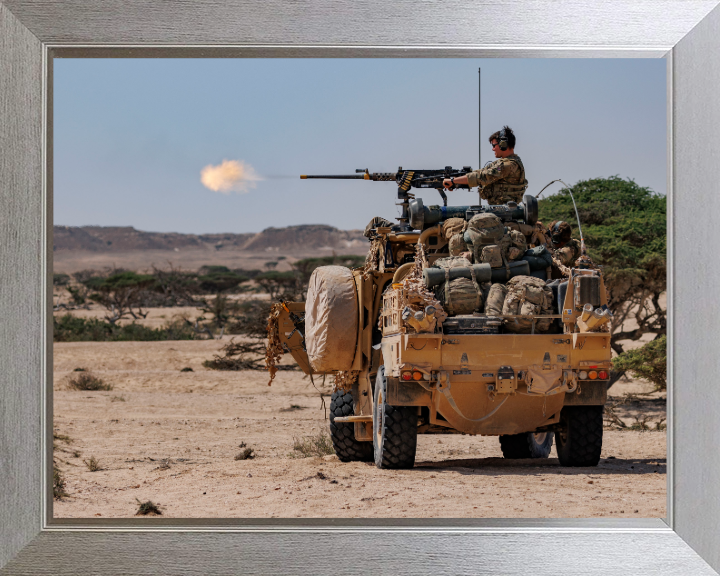 Firing a 50 Cal top mounted weapon system from jackal Photo Print - British Army Hampshire Prints 10 x 8 Silver Frame No