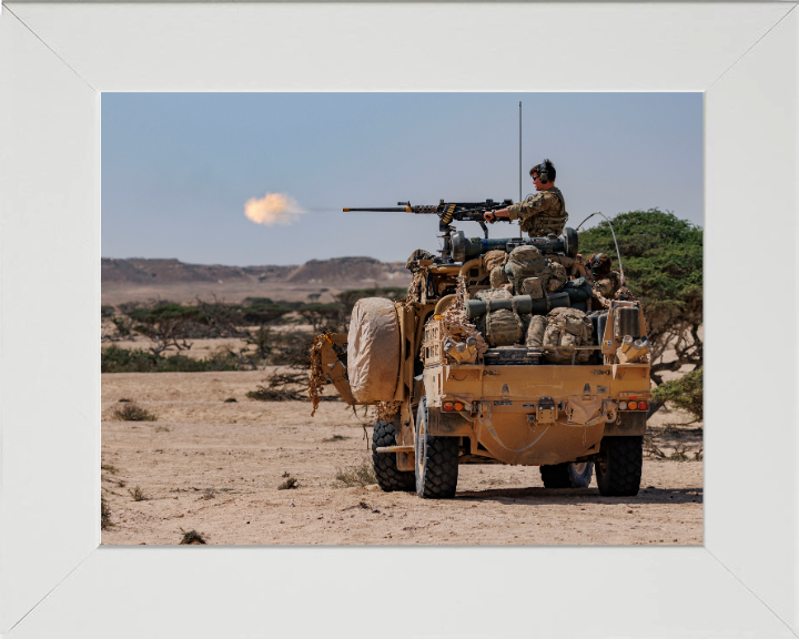 Firing a 50 Cal top mounted weapon system from jackal Photo Print - British Army Hampshire Prints 10 x 8 White Frame No