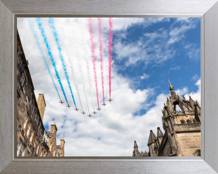 RAF Red Arrows over Edinburgh Photo Print - Royal Air Force Aircraft Hampshire Prints 10 x 8 Silver Frame No