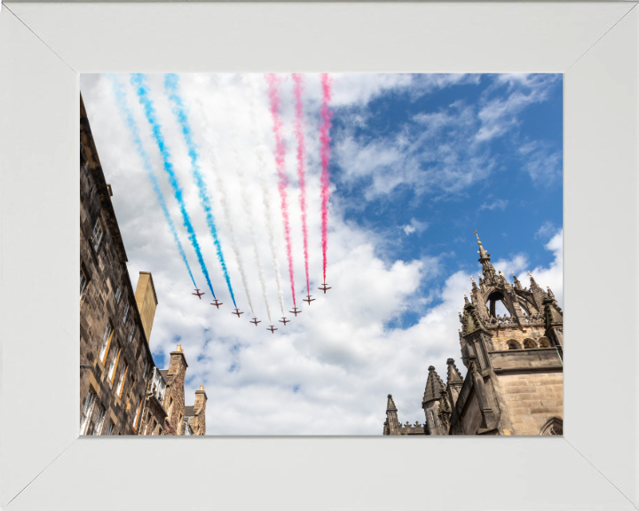 RAF Red Arrows over Edinburgh Photo Print - Royal Air Force Aircraft Hampshire Prints 10 x 8 White Frame No
