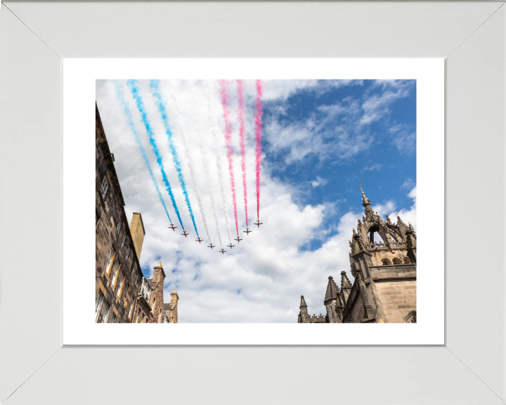 RAF Red Arrows over Edinburgh Photo Print - Royal Air Force Aircraft Hampshire Prints 10 x 8 White Frame Yes