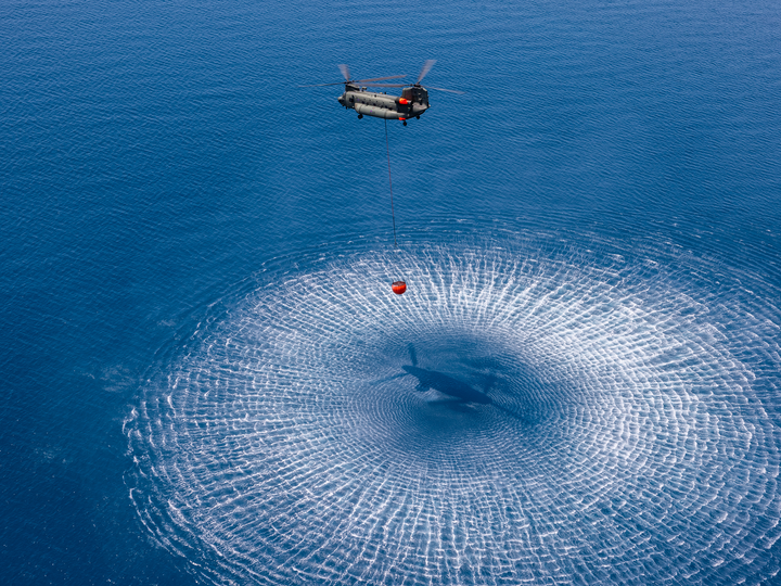 RAF Chinook Helicopter Filling a Firefighting Bucket 2026 Photo Print - Posters, Prints, & Visual Artwork - by Hampshire Prints (image 1 of 9)