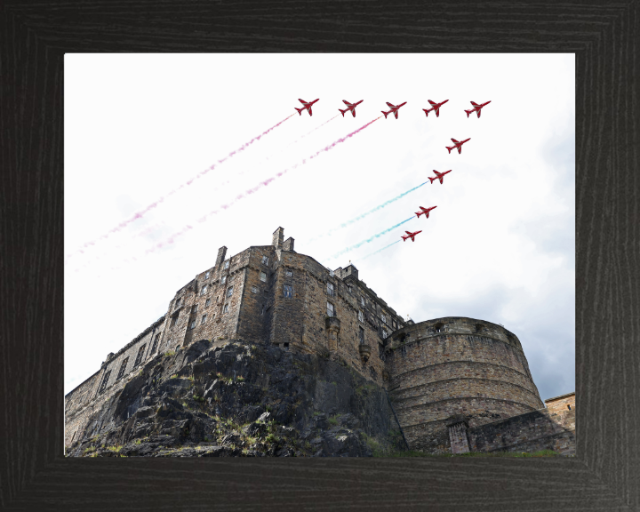 RAF Red Arrows over Edinburgh Castle Photo Print - Royal Air Force Aircraft Hampshire Prints 10 x 8 Black Frame No