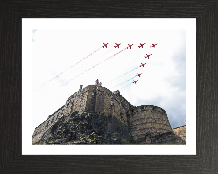 RAF Red Arrows over Edinburgh Castle Photo Print - Royal Air Force Aircraft Hampshire Prints 10 x 8 Black Frame Yes