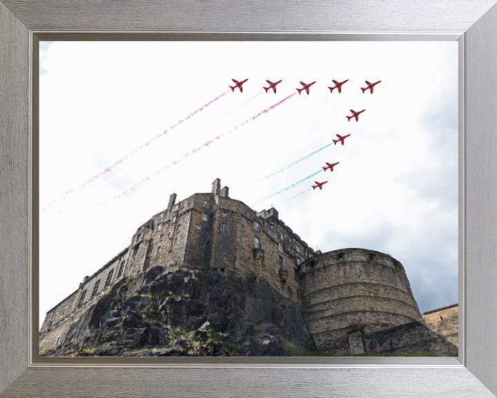 RAF Red Arrows over Edinburgh Castle Photo Print - Royal Air Force Aircraft Hampshire Prints 10 x 8 Silver Frame No