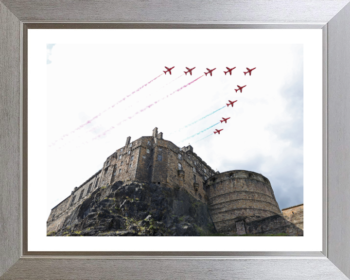 RAF Red Arrows over Edinburgh Castle Photo Print - Royal Air Force Aircraft Hampshire Prints 10 x 8 Silver Frame Yes