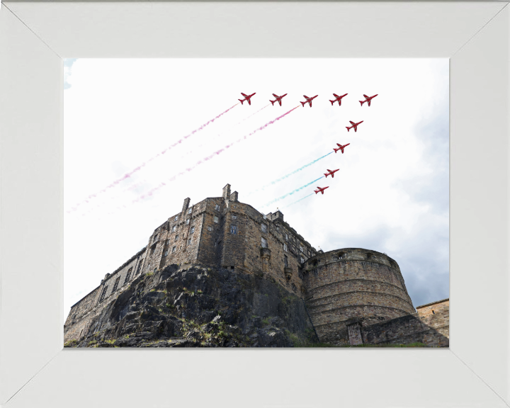 RAF Red Arrows over Edinburgh Castle Photo Print - Royal Air Force Aircraft Hampshire Prints 10 x 8 White Frame No