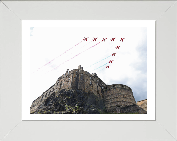 RAF Red Arrows over Edinburgh Castle Photo Print - Royal Air Force Aircraft Hampshire Prints 10 x 8 White Frame Yes
