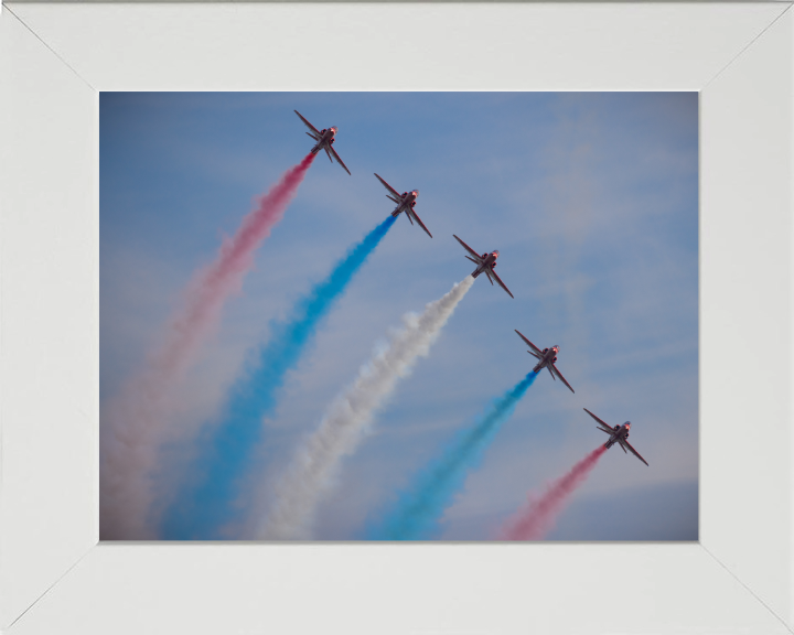 RAF Red Arrow red white and blue smoke Photo Print - Royal Air Force Aircraft Hampshire Prints 10 x 8 White Frame No