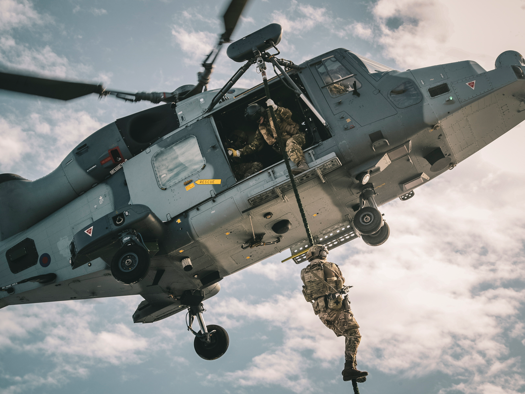 Royal Marine Commando fast roping from a Wildcat Helicopter | Photo Print | Framed Print | Military | Commando | Wall Art | Home Decor Hampshire Prints