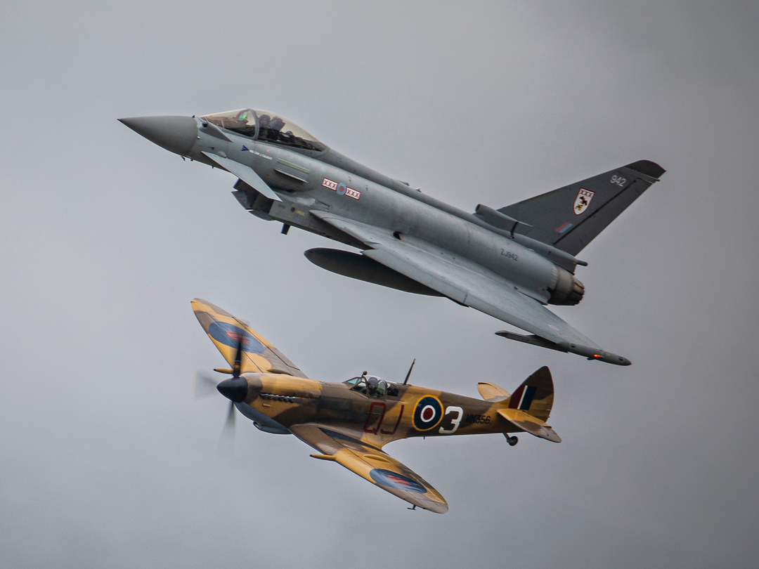Typhoon FGR4 and RAF Spitfire in flight Photo Print - Royal Air Force Aircraft Hampshire Prints 6 x 4 No Frame No