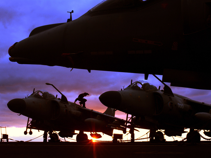 Harrier FA2s and GR7s on a Flightdeck at Sunset Photo Print - Royal Navy Aircraft Posters, Prints, & Visual Artwork Hampshire Prints 6 x 4 No Frame No