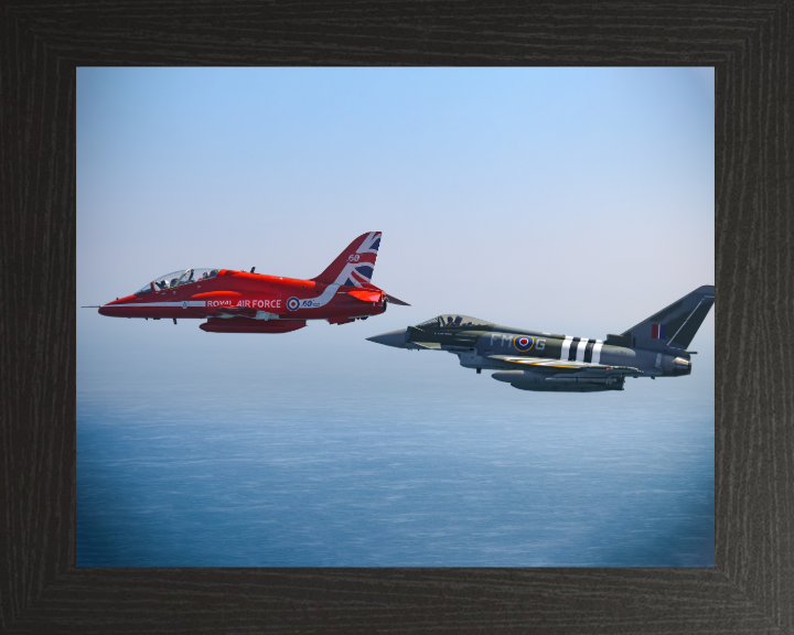 RAF Red Arrows Hawk T1 and Typhoon Jets Photo Print - Royal Air Force Aircraft Hampshire Prints 10 x 8 Black Frame No