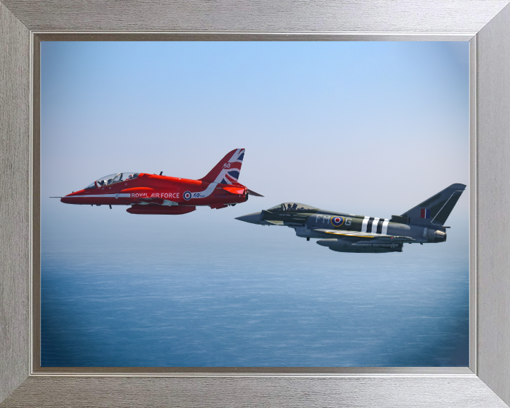 RAF Red Arrows Hawk T1 and Typhoon Jets Photo Print - Royal Air Force Aircraft Hampshire Prints 10 x 8 Silver Frame No