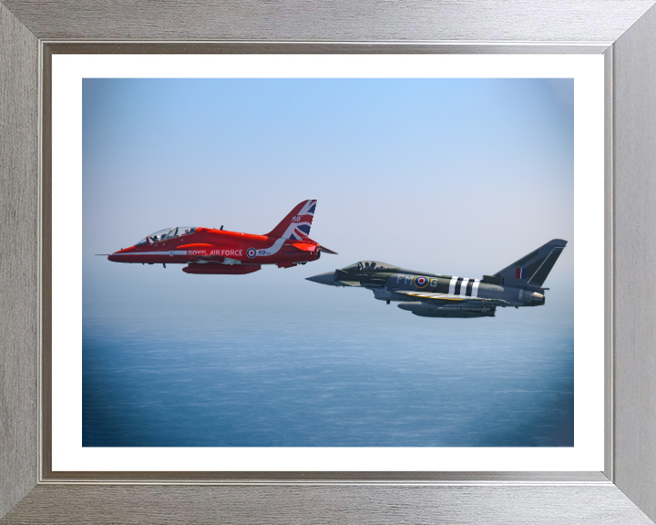 RAF Red Arrows Hawk T1 and Typhoon Jets Photo Print - Royal Air Force Aircraft Hampshire Prints 10 x 8 Silver Frame Yes