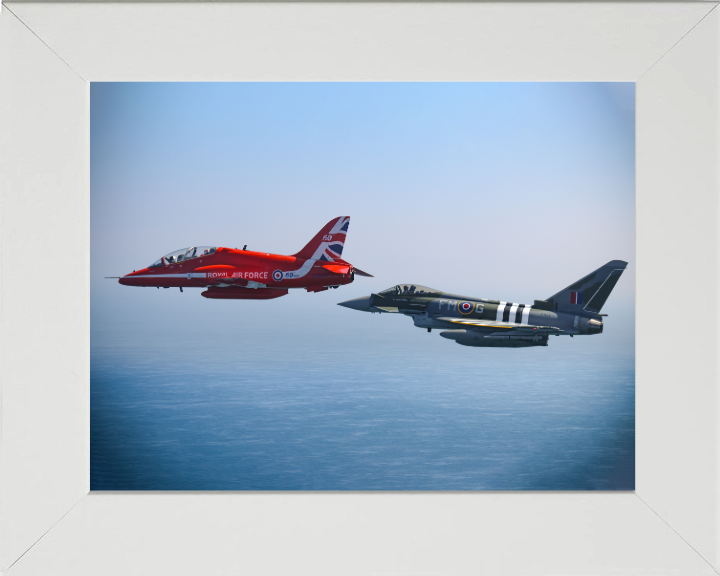 RAF Red Arrows Hawk T1 and Typhoon Jets Photo Print - Royal Air Force Aircraft Hampshire Prints 10 x 8 White Frame No