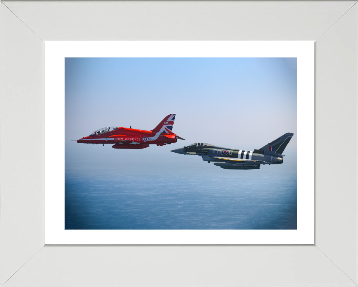 RAF Red Arrows Hawk T1 and Typhoon Jets Photo Print - Royal Air Force Aircraft Hampshire Prints 10 x 8 White Frame Yes