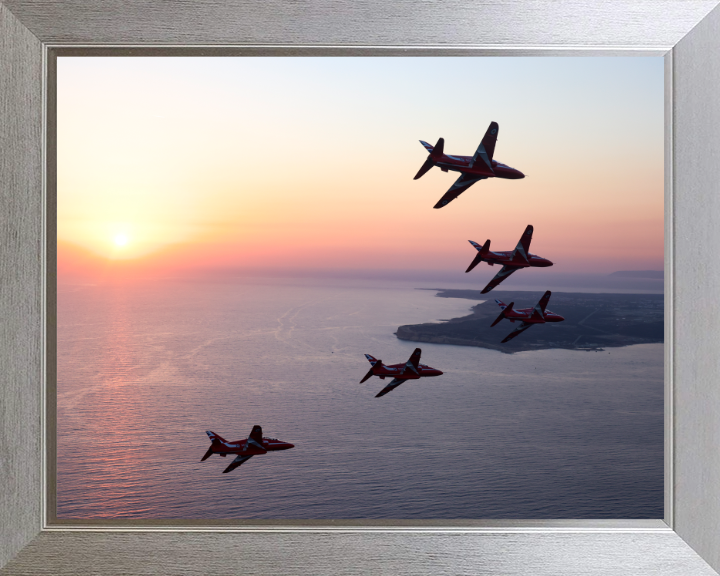 RAF Red Arrows in formation at sunset Photo Print - Royal Air Force Aircraft Hampshire Prints 10 x 8 Silver Frame No