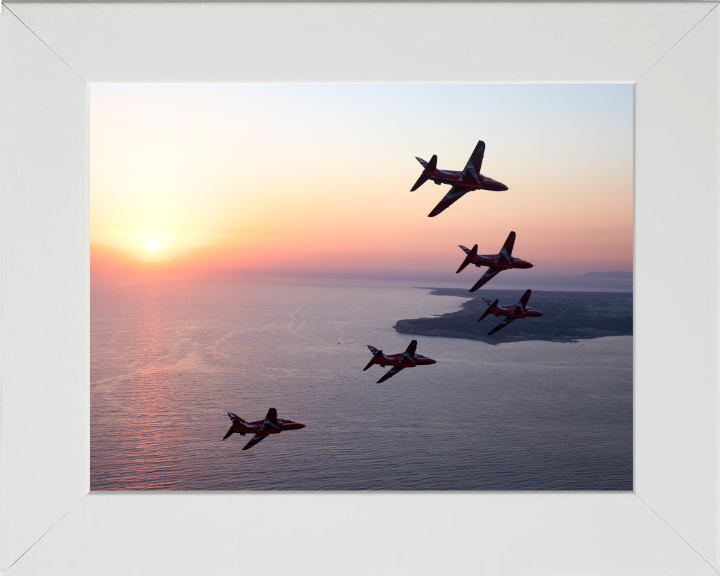 RAF Red Arrows in formation at sunset Photo Print - Royal Air Force Aircraft Hampshire Prints 10 x 8 White Frame No