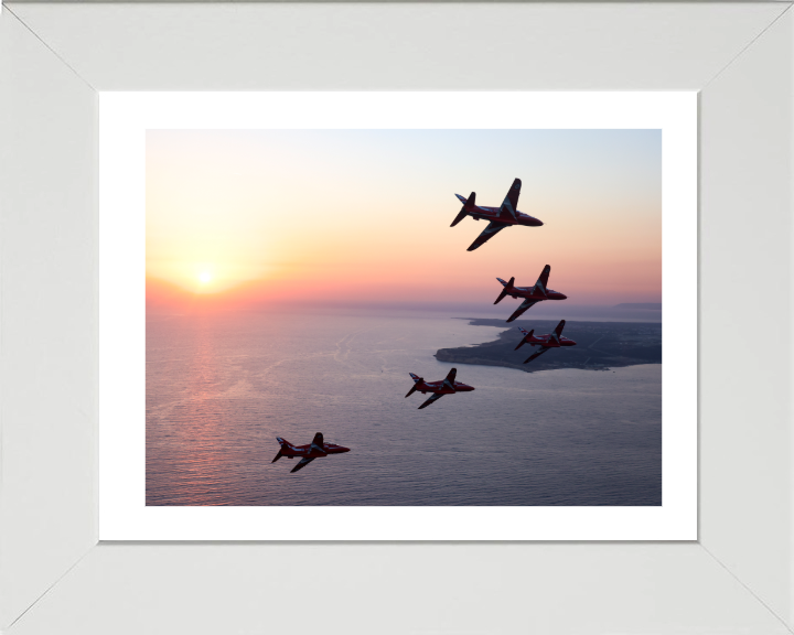 RAF Red Arrows in formation at sunset Photo Print - Royal Air Force Aircraft Hampshire Prints 10 x 8 White Frame Yes