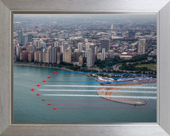 RAF Red Arrows over Chicago USA Photo Print - Royal Air Force Aircraft Hampshire Prints 10 x 8 Silver Frame No