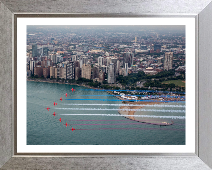 RAF Red Arrows over Chicago USA Photo Print - Royal Air Force Aircraft Hampshire Prints 10 x 8 Silver Frame Yes