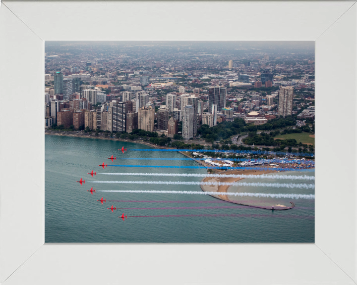 RAF Red Arrows over Chicago USA Photo Print - Royal Air Force Aircraft Hampshire Prints 10 x 8 White Frame No