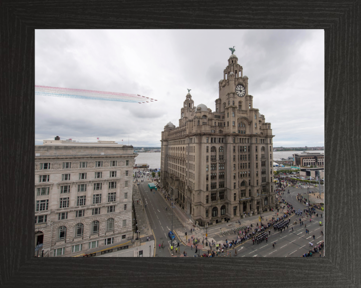 RAF Red Arrows over Liverpool UK Photo Print - Royal Air Force Aircraft Hampshire Prints 10 x 8 Black Frame No
