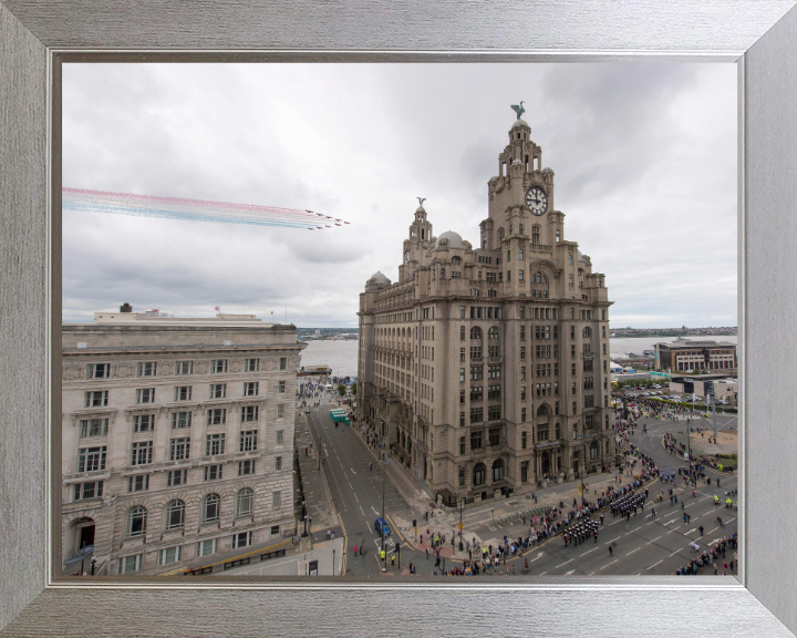 RAF Red Arrows over Liverpool UK Photo Print - Royal Air Force Aircraft Hampshire Prints 10 x 8 Silver Frame No