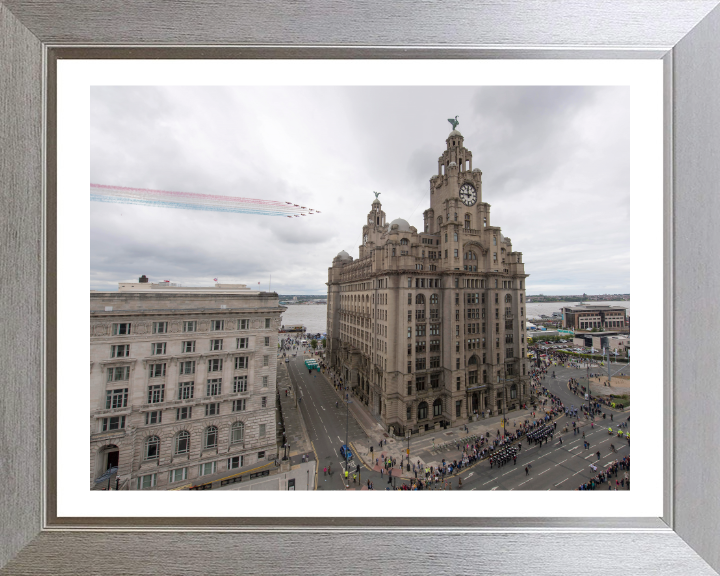 RAF Red Arrows over Liverpool UK Photo Print - Royal Air Force Aircraft Hampshire Prints 10 x 8 Silver Frame Yes