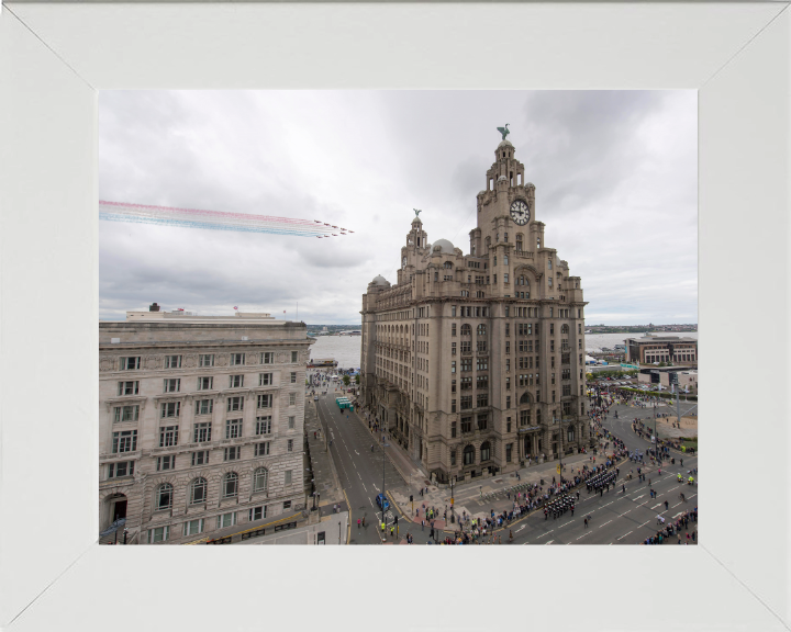 RAF Red Arrows over Liverpool UK Photo Print - Royal Air Force Aircraft Hampshire Prints 10 x 8 White Frame No