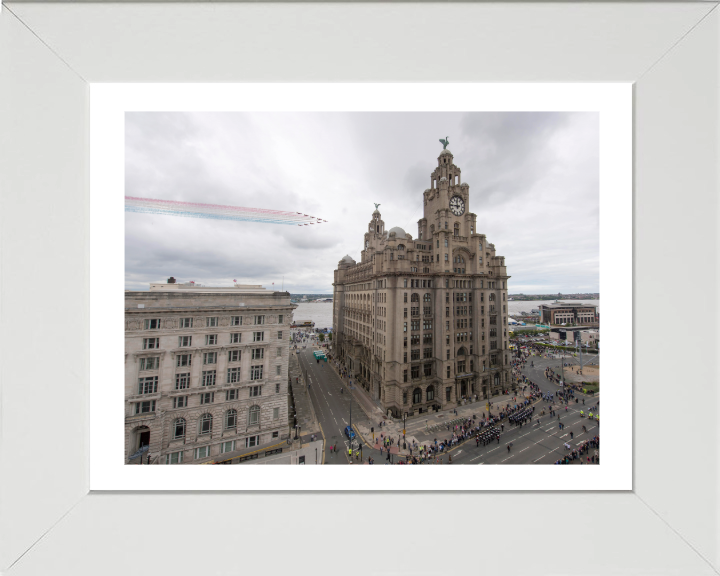 RAF Red Arrows over Liverpool UK Photo Print - Royal Air Force Aircraft Hampshire Prints 10 x 8 White Frame Yes