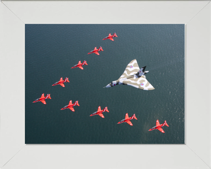 RAF Red Arrows and Vulcan bomber Photo Print - Royal Air Force Aircraft Hampshire Prints 10 x 8 White Frame No