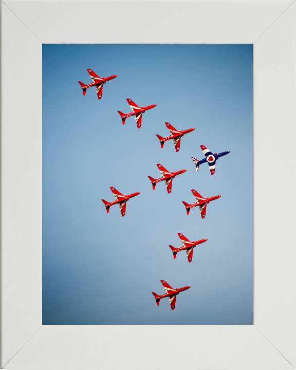 RAF Red Arrows in Formation Photo Print - Royal Air Force Aircraft Hampshire Prints 10 x 8 White Frame No