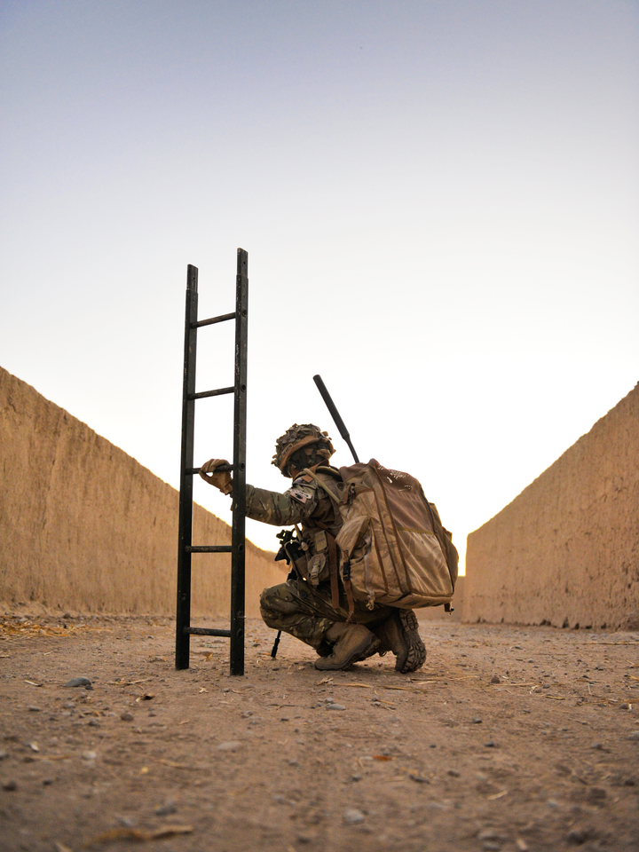 British Army Royal Gurkha Rifles Soldier with Ladder Helmand 2010