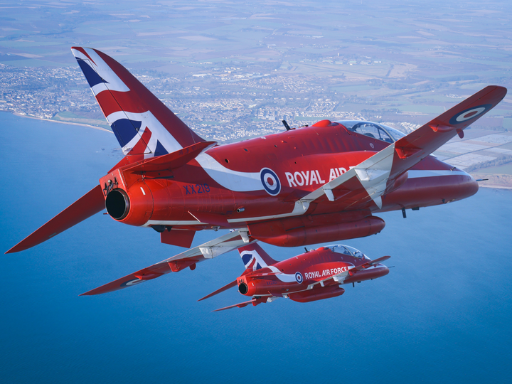 RAF Red Arrows Hawk T1 XX219 Pair Over the Sea February 2024