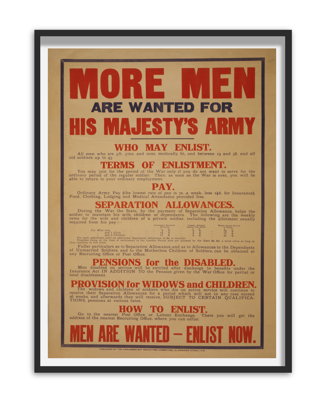 More Men Are Wanted For His Majesty's Army | British World War One Recruitment Poster Posters, Prints, & Visual Artwork Hampshire Prints