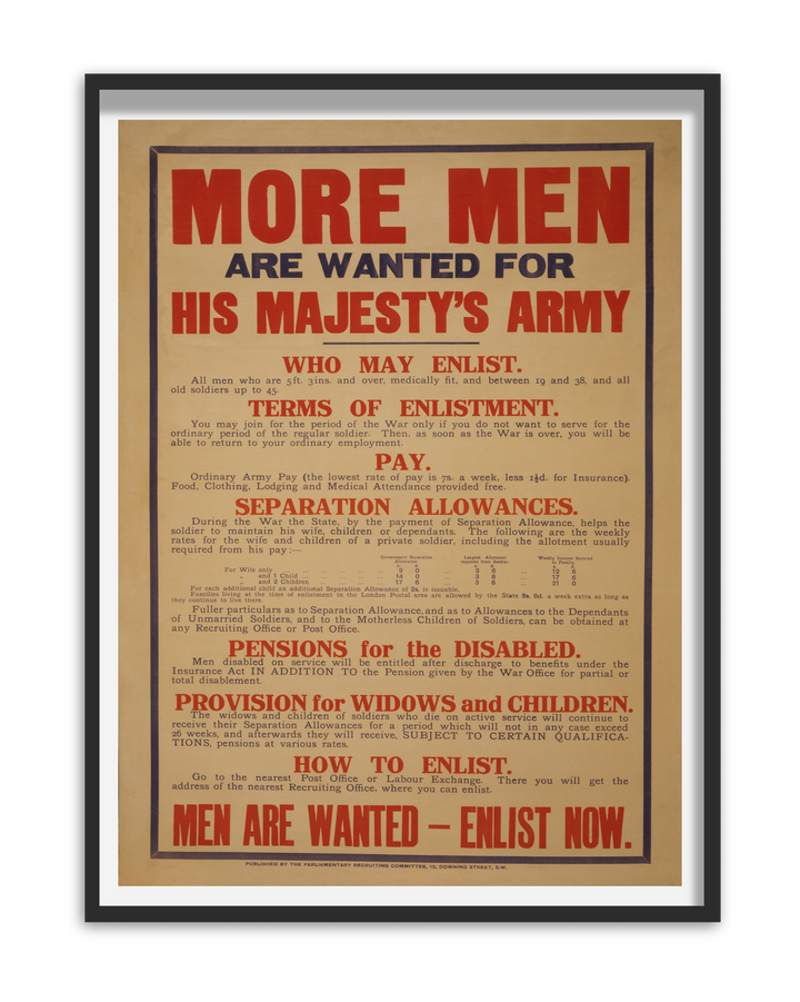 More Men Are Wanted For His Majesty's Army | British World War One Recruitment Poster Posters, Prints, & Visual Artwork Hampshire Prints A5