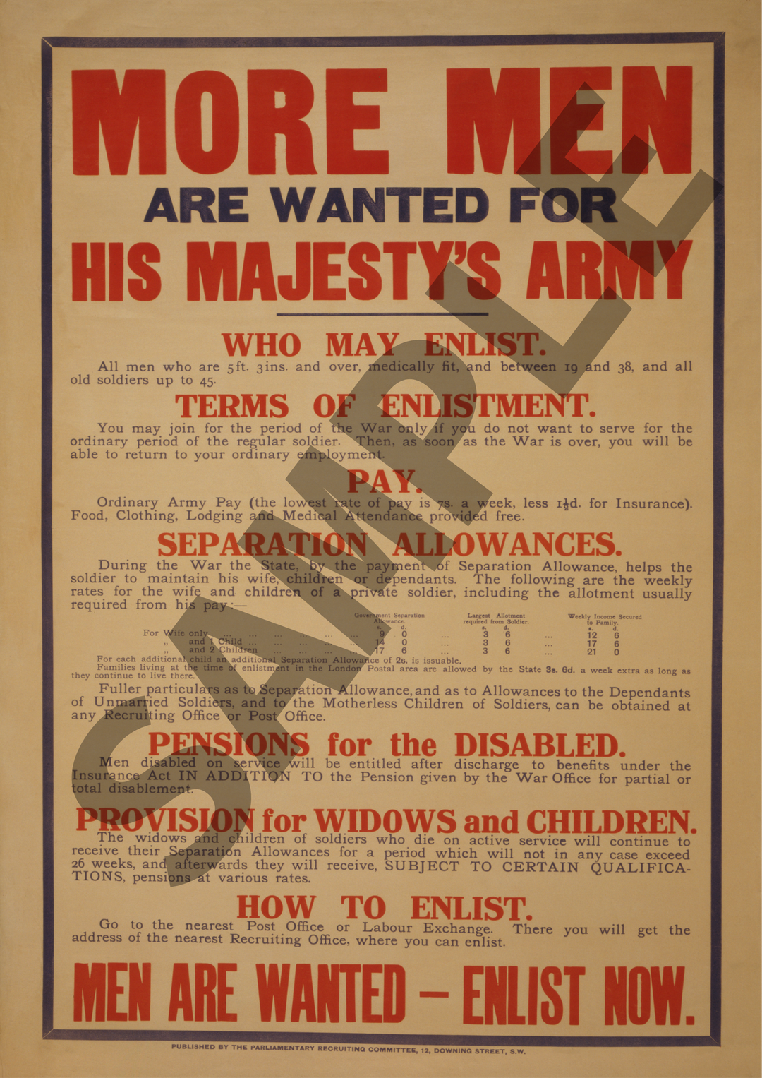 More Men Are Wanted For His Majesty's Army | British World War One Recruitment Poster Posters, Prints, & Visual Artwork Hampshire Prints A4