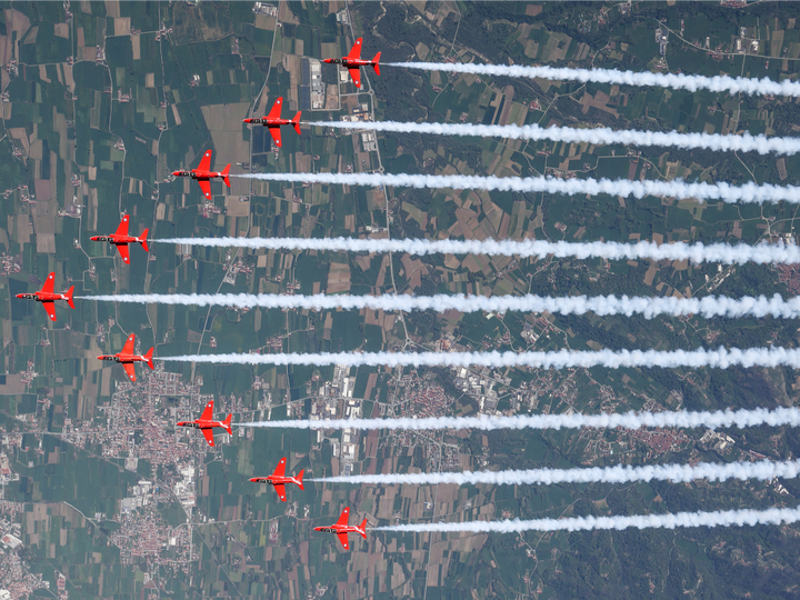 RAF Red Arrows Nine Hawks Smoke Over Farmland April 2024