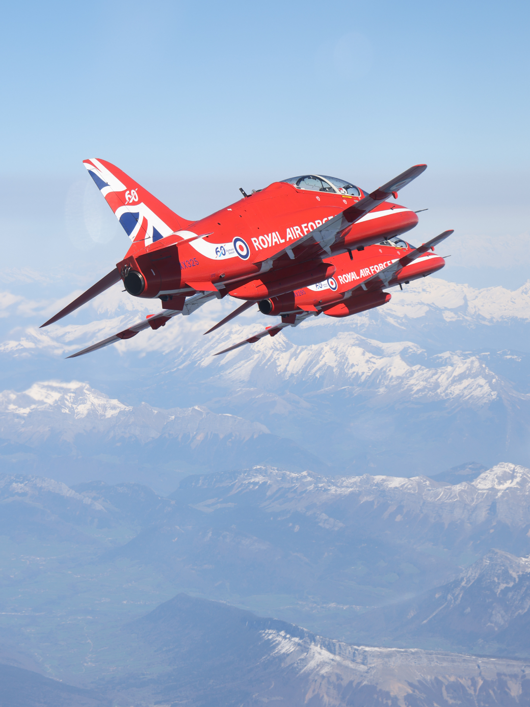 RAF Red Arrows Hawk Close Pair Over Mountains April 2024