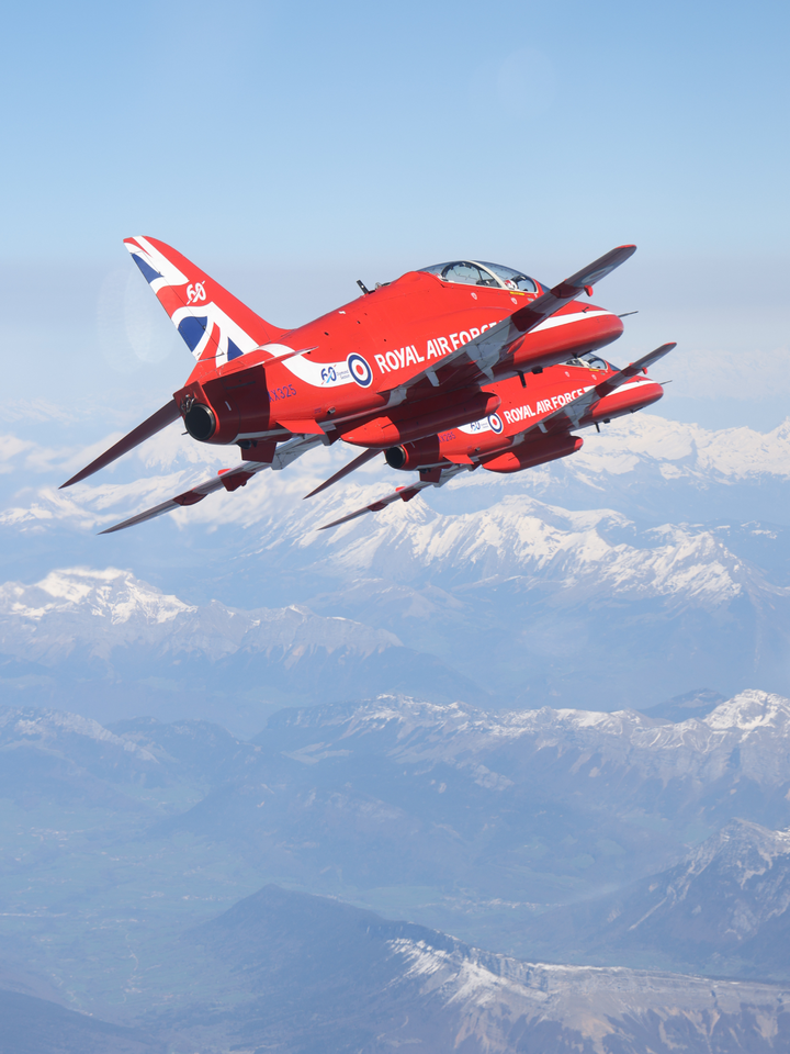 RAF Red Arrows Hawk Close Pair Over Mountains April 2024