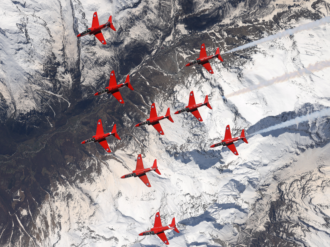 RAF Red Arrows Nine Hawks Over Snowfields April 2024